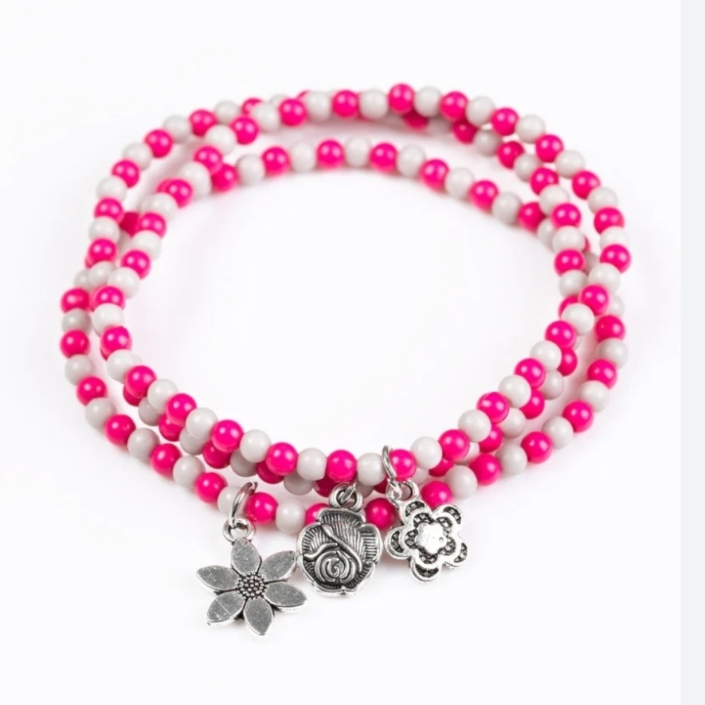 NWT Paparazzi Floral Pink & Silver Beads Charm Bracelet - Picture 3 of 7